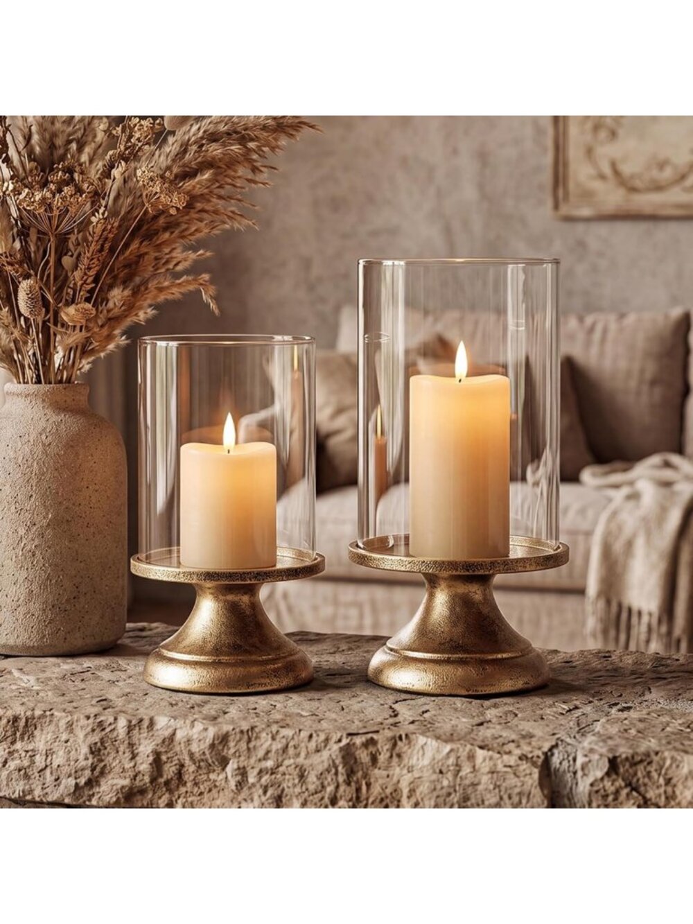 Elegant Set of 2 Hurricane Candle Holders with Glass Base - Home Decor Accent